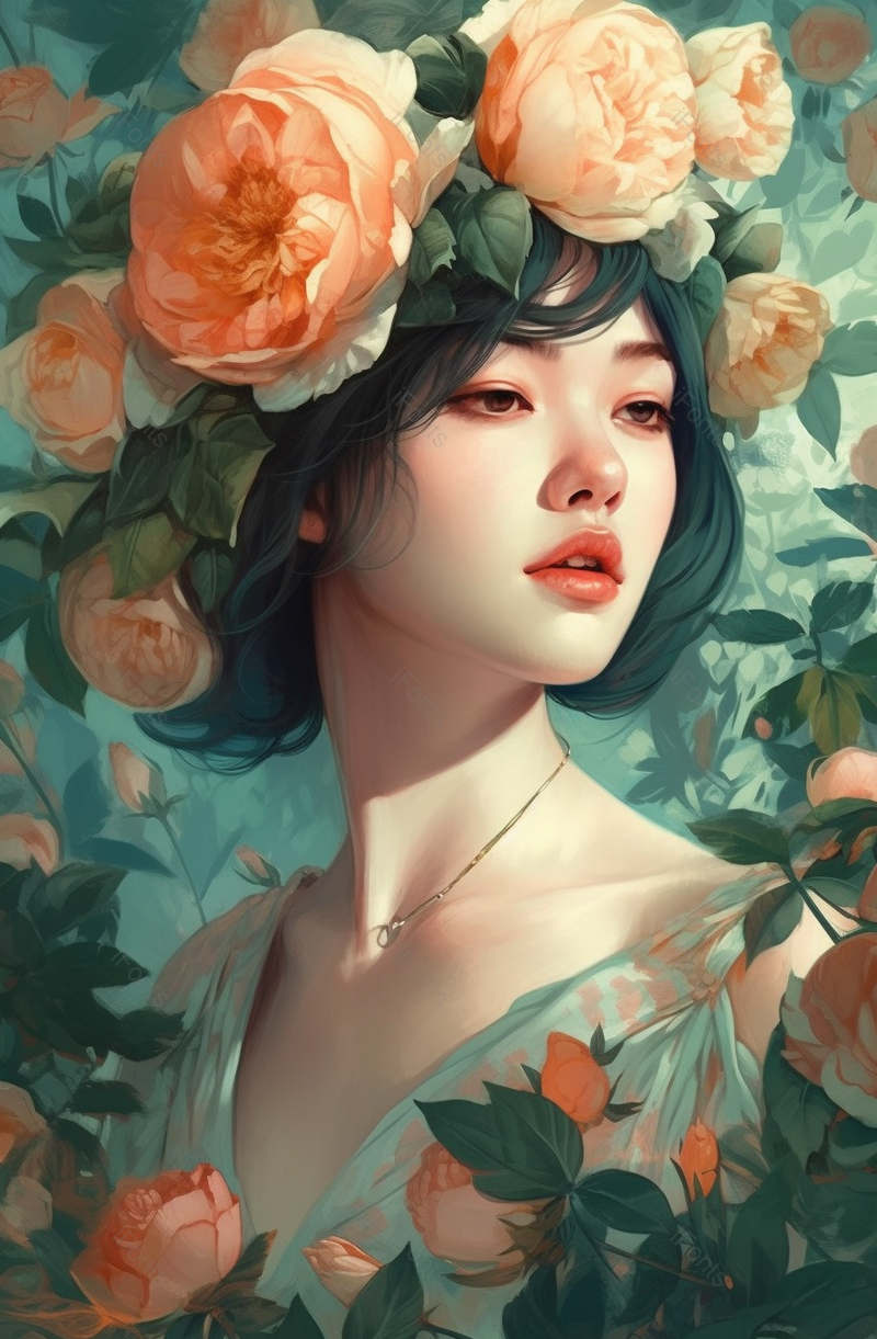 唯美头戴牡丹花女孩花背景,插画/手绘图,插画/手绘图库,插画/手绘图下载,插画/手绘